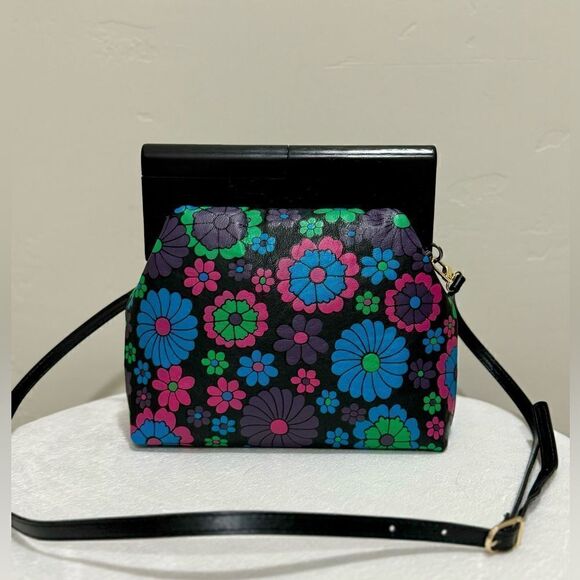 Chic Wood Frame & Leather Floral Print Clutch/Shoulder Bag/Crossbody - Picture 4 of 16